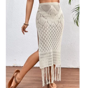 Women Knitted Texture Sarong Skirts Sexy High Slit Tassel Cover-Up Beach Summer Vacation Wrapped Skirt Bikini Cover Up - Image 3