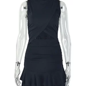 Joskaa Elegant Ruched Hollow A-line Dress Women 2026 Summer Sexy O-neck Sleeveless Ruffled Hem Bodycon Mini Dress Streetwear - Image 4