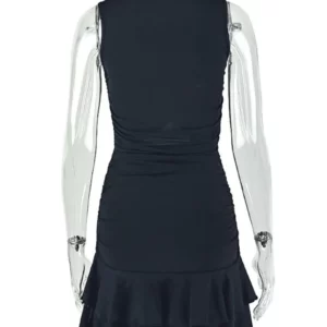 Joskaa Elegant Ruched Hollow A-line Dress Women 2026 Summer Sexy O-neck Sleeveless Ruffled Hem Bodycon Mini Dress Streetwear - Image 5