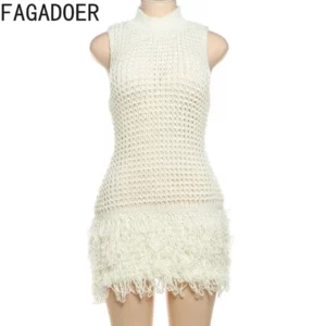 FAGADOER Fashion Tassels Hollow Out Splicing Mini Dresses 2024 Women Round Neck Sleeveless Slim Vestidos Elegant Lady Clothing - Image 3