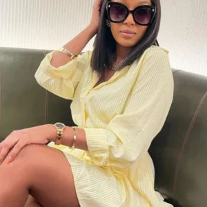 Fashion Striped Two-piece Set Women Summer Casual Comfort Solid Color Loose Button Long Sleeved Shirt Skirt Short Skirt 2 Sets - Image 3
