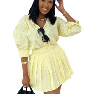 Fashion Striped Two-piece Set Women Summer Casual Comfort Solid Color Loose Button Long Sleeved Shirt Skirt Short Skirt 2 Sets - Image 6
