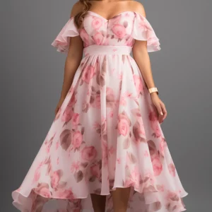 Flycurvy Plus Size Vacation Pink Chiffon Floral Print Off The Shoulder High Low Hem Maxi Dress - Image 2