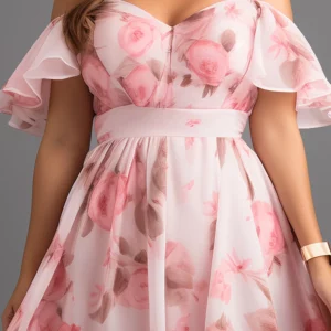 Flycurvy Plus Size Vacation Pink Chiffon Floral Print Off The Shoulder High Low Hem Maxi Dress - Image 5