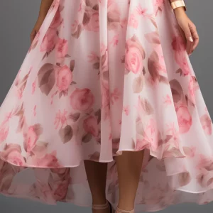 Flycurvy Plus Size Vacation Pink Chiffon Floral Print Off The Shoulder High Low Hem Maxi Dress - Image 4