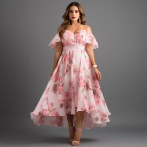 Flycurvy Plus Size Vacation Pink Chiffon Floral Print Off The Shoulder High Low Hem Maxi Dress - Image 1