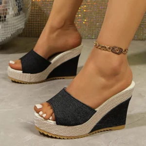 Blue Denim Wedge Sandals for Women Summer 2025 Fashion Peep Toe Thick Sole Slippers Woman Slip On Chunky Platform Sandals Mujer - Image 4