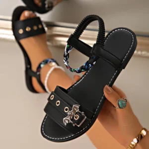 Punk Metal Bat Decoration Ankle Strap Sandals Women Summer 2026 Comfort Flat Heel Black Gladiator Sandals Woman's Designer Shoes - Image 1