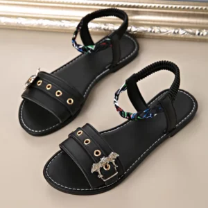 Punk Metal Bat Decoration Ankle Strap Sandals Women Summer 2026 Comfort Flat Heel Black Gladiator Sandals Woman's Designer Shoes - Image 5