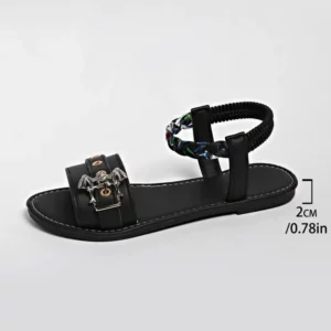 Punk Metal Bat Decoration Ankle Strap Sandals Women Summer 2026 Comfort Flat Heel Black Gladiator Sandals Woman's Designer Shoes - Image 6