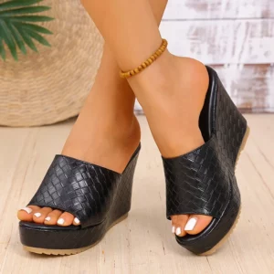 Chunky Platform Wedges Sandals Women Sexy Peep Toe Black Pu Leather Weave Slides Woman Super High Heel Anti Slip Sandalias Mujer - Image 1