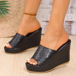 Chunky Platform Wedges Sandals Women Sexy Peep Toe Black Pu Leather Weave Slides Woman Super High Heel Anti Slip Sandalias Mujer - Image 5