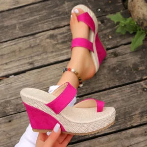 Hot Pink Ring Toe Wedge Heel Slippers Women Mix Color Platform Roman Sandals Woman 2025 Summer Thick Sole Non Slip Beach Slides - Image 3