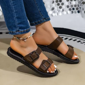 Women's Fashion Double Buckle Decor Flat Slide Sandals Open Toe Casual Slip On Slippers Comfortable Summer Beach Shoes for Daily - Image 5