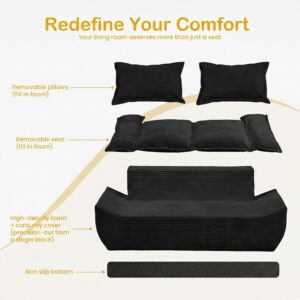 59" Boneless Loveseat Sofa, 2-Seater Black Boneless Sofa with Removable Cushions & 2 Pillows, Small Couch Boneless Compress Foam Sofa for Living Room, Apartments, & Office - Image 4