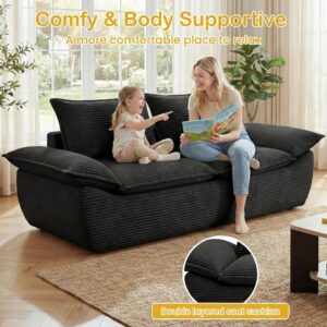 59" Boneless Loveseat Sofa, 2-Seater Black Boneless Sofa with Removable Cushions & 2 Pillows, Small Couch Boneless Compress Foam Sofa for Living Room, Apartments, & Office - Image 5