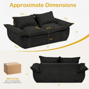 59" Boneless Loveseat Sofa, 2-Seater Black Boneless Sofa with Removable Cushions & 2 Pillows, Small Couch Boneless Compress Foam Sofa for Living Room, Apartments, & Office - Image 7