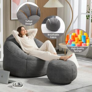 Bean Bag Chairs, Gaint Bean Bag Couch with Memory Foam for Adults and Kids, Microfiber Upholstered Sofa with Ottoman, Comfy Lazy Bean Bag Reading Chair for Living Room - Image 4