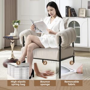 Modern Velvet Accent Chairs Set of 1, Comfy Large Living Room Sofa Chair, Upholstered Fabric Armchair with Pillow and Metal Legs for Office/Bedroom/Reading Beige - Image 6