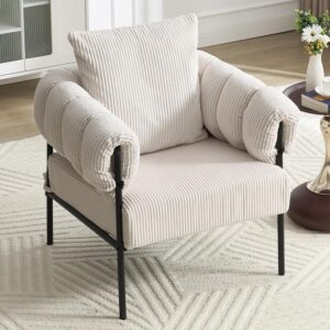 Modern Velvet Accent Chairs Set of 1, Comfy Large Living Room Sofa Chair, Upholstered Fabric Armchair with Pillow and Metal Legs for Office/Bedroom/Reading Beige - Image 7