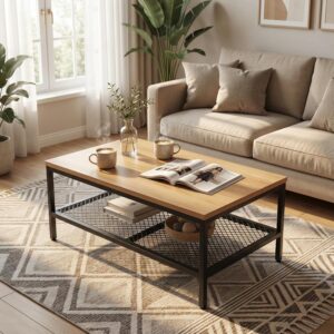 Wood Coffee Table, Rectangular Living Room Table 2-Tier with Storage Shelf, Metal Frame Stable TV Stand,35.5 Inch Amber - Image 1