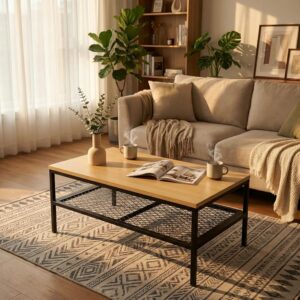 Wood Coffee Table, Rectangular Living Room Table 2-Tier with Storage Shelf, Metal Frame Stable TV Stand,35.5 Inch Amber - Image 2