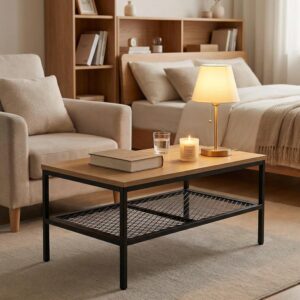 Wood Coffee Table, Rectangular Living Room Table 2-Tier with Storage Shelf, Metal Frame Stable TV Stand,35.5 Inch Amber - Image 5