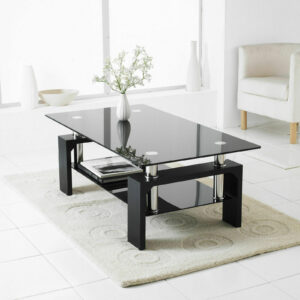 Living Room Rectangle Coffee Table, Tea Table Suitable for Waiting Room, Modern Side Coffee Table with Wooden Leg, Glass Tabletop with Lower Shelf, 39.5D x 23.5W x 17.5H in, Black - Image 1