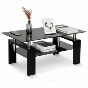 Living Room Rectangle Coffee Table, Tea Table Suitable for Waiting Room, Modern Side Coffee Table with Wooden Leg, Glass Tabletop with Lower Shelf, 39.5D x 23.5W x 17.5H in, Black - Image 2