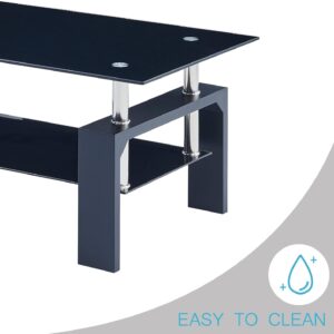 Living Room Rectangle Coffee Table, Tea Table Suitable for Waiting Room, Modern Side Coffee Table with Wooden Leg, Glass Tabletop with Lower Shelf, 39.5D x 23.5W x 17.5H in, Black - Image 5