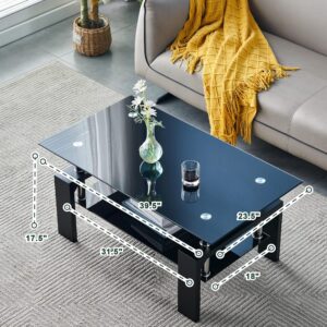 Living Room Rectangle Coffee Table, Tea Table Suitable for Waiting Room, Modern Side Coffee Table with Wooden Leg, Glass Tabletop with Lower Shelf, 39.5D x 23.5W x 17.5H in, Black - Image 8