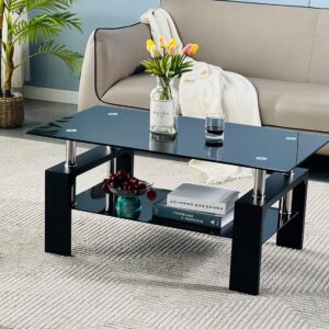 Living Room Rectangle Coffee Table, Tea Table Suitable for Waiting Room, Modern Side Coffee Table with Wooden Leg, Glass Tabletop with Lower Shelf, 39.5D x 23.5W x 17.5H in, Black - Image 9