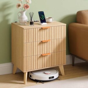 Fluted Nightstand with Charging Station, 24" Wide Bedside Table with 3 Large Drawers, Modern Wood Night Stand with Metal Handle, USB/Type-C Port, Side Table Small Dresser for Bedroom - Image 2
