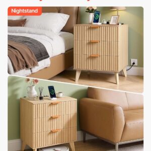 Fluted Nightstand with Charging Station, 24" Wide Bedside Table with 3 Large Drawers, Modern Wood Night Stand with Metal Handle, USB/Type-C Port, Side Table Small Dresser for Bedroom - Image 3