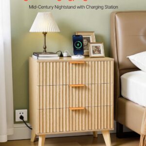 Fluted Nightstand with Charging Station, 24" Wide Bedside Table with 3 Large Drawers, Modern Wood Night Stand with Metal Handle, USB/Type-C Port, Side Table Small Dresser for Bedroom - Image 7