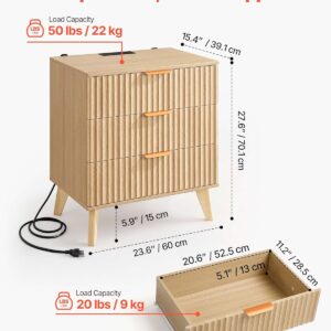 Fluted Nightstand with Charging Station, 24" Wide Bedside Table with 3 Large Drawers, Modern Wood Night Stand with Metal Handle, USB/Type-C Port, Side Table Small Dresser for Bedroom - Image 8