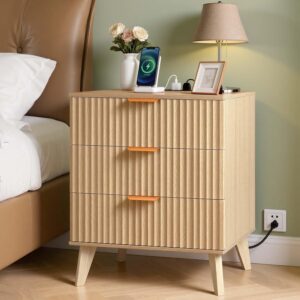 Fluted Nightstand with Charging Station, 24" Wide Bedside Table with 3 Large Drawers, Modern Wood Night Stand with Metal Handle, USB/Type-C Port, Side Table Small Dresser for Bedroom - Image 10