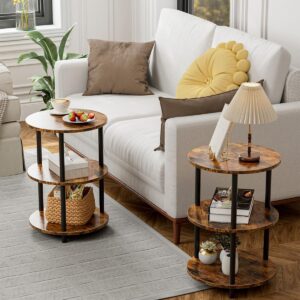 Small Round End Table - 3 Tier Design Accent Table, Narrow Side or Bedside Stand, Industrial Vintage Nightstand for Bedroom, Living Room, or Small Spaces, Rustic Brown - Image 4