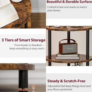 Small Round End Table - 3 Tier Design Accent Table, Narrow Side or Bedside Stand, Industrial Vintage Nightstand for Bedroom, Living Room, or Small Spaces, Rustic Brown - Image 5