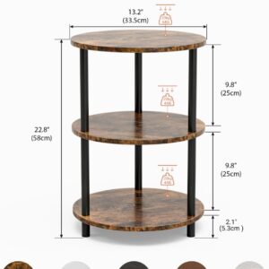 Small Round End Table - 3 Tier Design Accent Table, Narrow Side or Bedside Stand, Industrial Vintage Nightstand for Bedroom, Living Room, or Small Spaces, Rustic Brown - Image 7