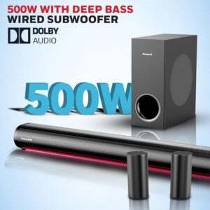 Honeywell Trueno U7000 Dolby Audio Soundbar 500w, 5.1Ch Surround Sound Home Theatre, Deep Bass Subwoofer, 2 Satellite Speakers, 6 EQ Modes, BT v5.3, AUX, USB, Optical Input, & HDMI/ARC - Image 4