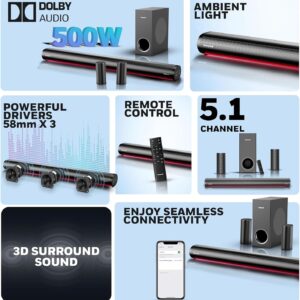 Honeywell Trueno U7000 Dolby Audio Soundbar 500w, 5.1Ch Surround Sound Home Theatre, Deep Bass Subwoofer, 2 Satellite Speakers, 6 EQ Modes, BT v5.3, AUX, USB, Optical Input, & HDMI/ARC - Image 5