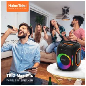 Haino Teko TB-3 Max Wireless Portable Bluetooth Speaker with 2 Wireless Mics, 160W Output Power, RGB Lighting, Multi-Functional Button Control for Indoor & Outdoor, Black - Image 4