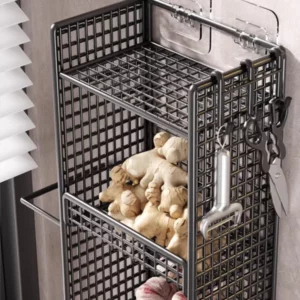 No-Drill Wall-Mounted Spice Rack Kitchen Organizer for Garlic Ginger & Onion Space-Saving Fruit & Vegetable Storage - Image 5