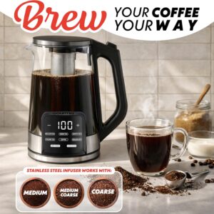 Gourmia Electric Glass Kettle – 1.7L Programmable Tea & Coffee Brewer with Digital Touch Display, 6 Presets, Removable Stainless Steel Infuser, Cordless with 360° Swivel Base, Black - Image 2