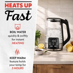Gourmia Electric Glass Kettle – 1.7L Programmable Tea & Coffee Brewer with Digital Touch Display, 6 Presets, Removable Stainless Steel Infuser, Cordless with 360° Swivel Base, Black - Image 7
