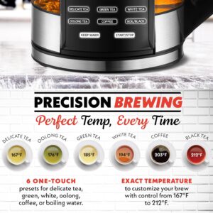 Gourmia Electric Glass Kettle – 1.7L Programmable Tea & Coffee Brewer with Digital Touch Display, 6 Presets, Removable Stainless Steel Infuser, Cordless with 360° Swivel Base, Black - Image 9