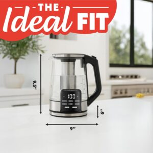 Gourmia Electric Glass Kettle – 1.7L Programmable Tea & Coffee Brewer with Digital Touch Display, 6 Presets, Removable Stainless Steel Infuser, Cordless with 360° Swivel Base, Black - Image 10