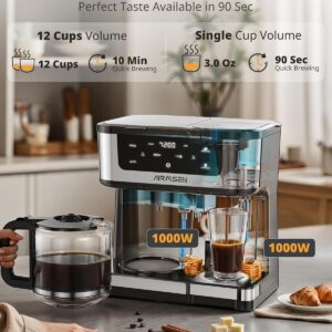 AIRMSEN 12-Cup Programmable Dual Coffee Maker – Single Serve Machine for K-Cup Pods & Ground, 1000W Fast Brew, Delay Start, 2H Keep Warm, Touchscreen, 60oz Tank, Glass Carafe – Home & Office - Image 5