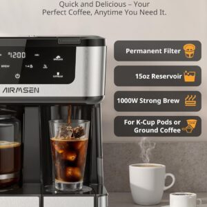 AIRMSEN 12-Cup Programmable Dual Coffee Maker – Single Serve Machine for K-Cup Pods & Ground, 1000W Fast Brew, Delay Start, 2H Keep Warm, Touchscreen, 60oz Tank, Glass Carafe – Home & Office - Image 6